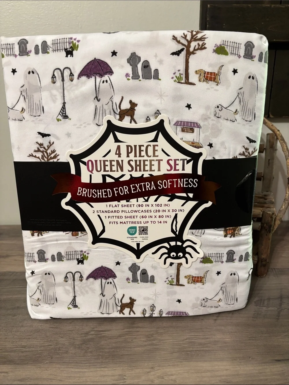 ENVOGUE Ghost Walking DogS QUEEN SIZE Halloween Sheet Set NEW